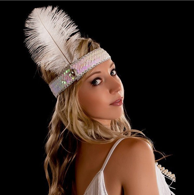 B044 Ostrich feather headdress feathers with sequins set auger color headband